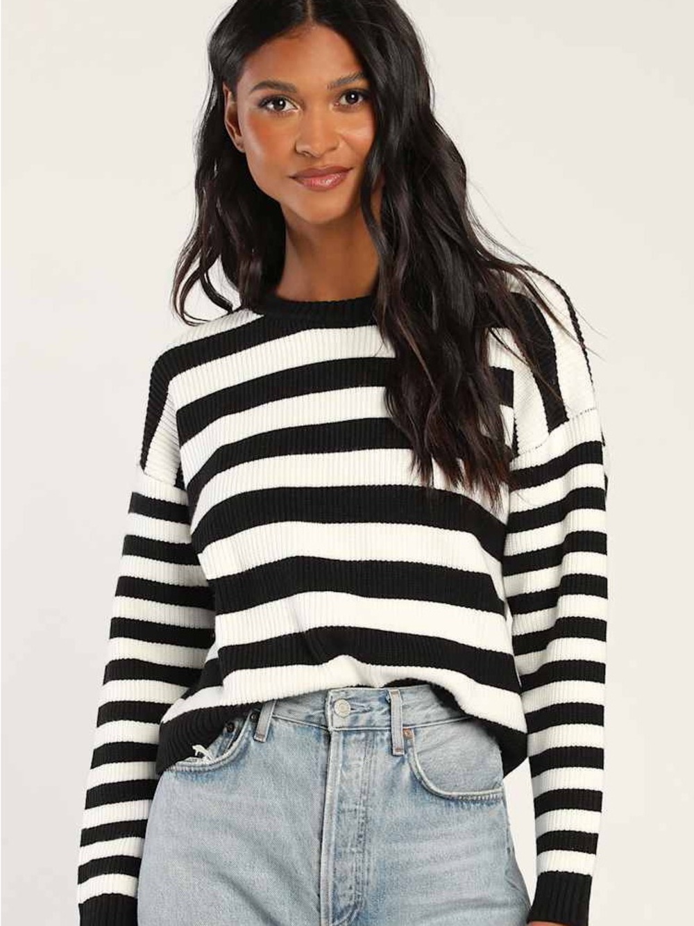 Lulus Dreamy Comfort Black and White Striped Ribbed Pullover Sweater XS